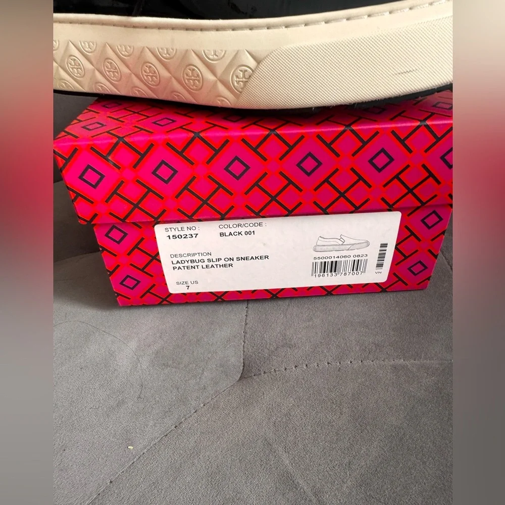 Tory Burch Lady Bug Black patent leather Slip-On size 7 with shoe bag and box